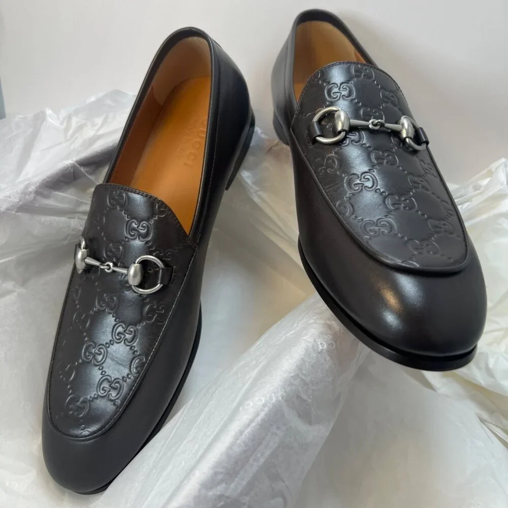 Gucci GG Debossed Leather Horsebit Loafers Men Size 9.5